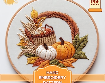 Thanksgiving Basket & Pumpkins Hand Embroidery Pattern (PDF Pattern)