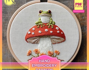 Cute Little Frog on Mushroom Embroidery Pattern – Whimsical Satin Stitch Design for Nature Lovers. Embroidery template. Digital Pattern PDF.