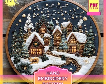 Holiday Village Christmas Embroidery Pattern 2 – Festive Winter Scene with DMC Color Chart. Digital Pattern PDF. Christmas decoration. DIY.