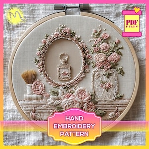 Coquette Vanity Floral Hand Embroidery Pattern PDF – Romantic Roses and Vintage Perfume Bottle Design. Satin Stitch Design. Digital Pattern.