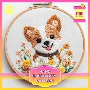 May include: Hand embroidery pattern featuring a cute cartoon dog with brown and white fur, wearing a black collar with a gold tag, surrounded by colourful flowers. The pattern is in a hoop and the text "HAND EMBROIDERY PATTERN" is below the hoop.