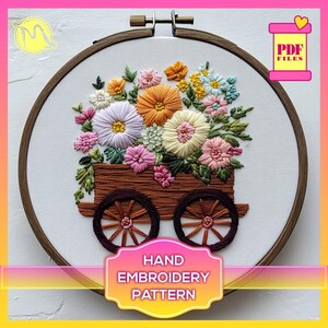 フラワー カート コテージ コア 刺繍パターン - 気まぐれな花柄デザイン。刺繍テンプレート。デジタル パターン PDF。