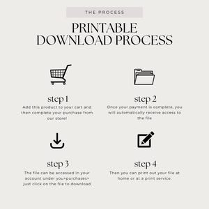 May include: A four-step printable download process is illustrated with icons. Step 1: Add to cart. Step 2: Complete payment. Step 3: Access file. Step 4: Print.