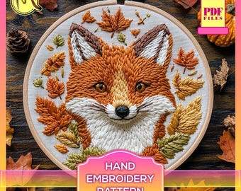 Fox Embroidery Pattern: Autumn Leaves, Woodland Design (PDF Pattern)
