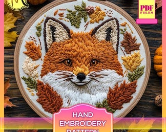 Fox and Fall Leaves Embroidery Pattern – Woodland Design (Digital Pattern PDF)