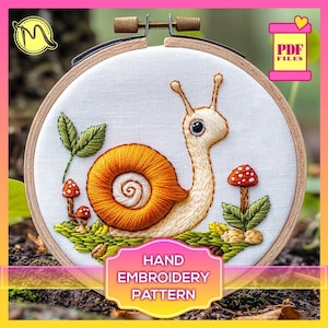 Cute Snail Embroidery Pattern. Adorable Snail with Mushrooms Design. Satin Stitch Design. Digital Pattern PDF.