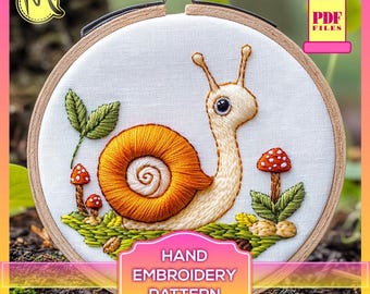Snail Embroidery Pattern, Adorable Mushroom Design (PDF Pattern)