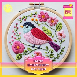 Charming Bird Embroidery Pattern with Floral Details - Digital PDF Download. Satin stitch embroidery template. Digital Pattern PDF. DIY.