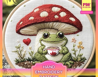 Frog Under Mushroom Embroidery Pattern, Cozy Woodland Scene (Digital Pattern PDF)