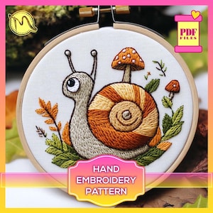 Cute Snail Embroidery Pattern. Adorable Snail with Mushrooms Design. Satin Stitch Design. Digital Pattern PDF.