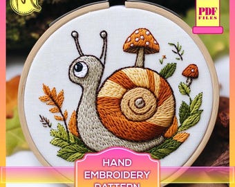 Satin Stitch Snail Embroidery Pattern with Mushrooms (Digital PDF)