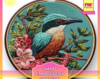 カワセミの刺繍パターン：ニードルクラフトチュートリアル