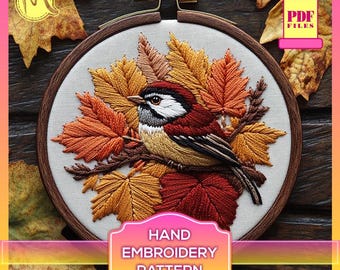 Autumn Bird Embroidery Pattern – Satin Stitch Fall Leaves (PDF Pattern)