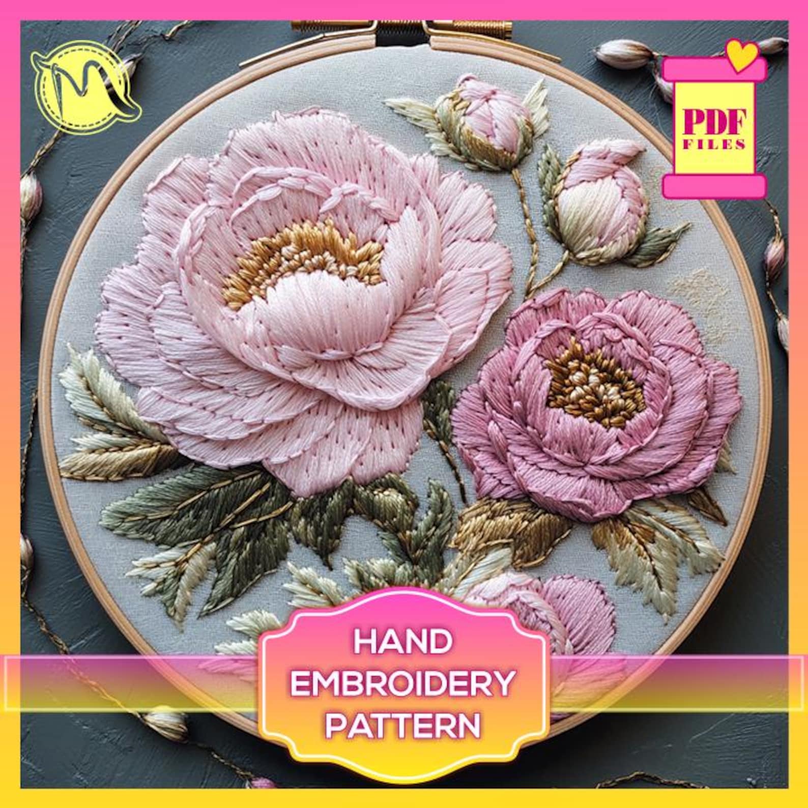 Hand Embroidery Pattern – Elegant Satin Stitch Peony Flower Design ...