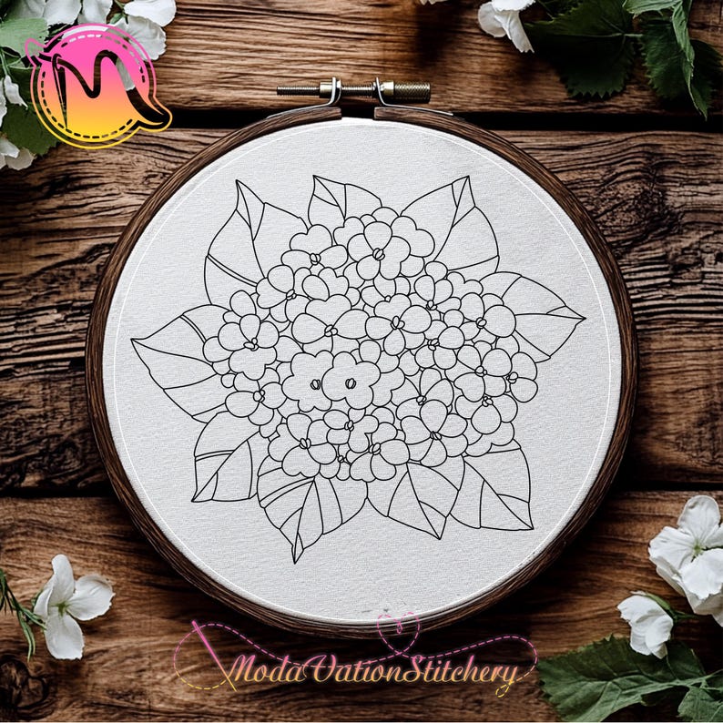 May include: Black and white line art embroidery pattern of a hydrangea flower with leaves in a round embroidery hoop.