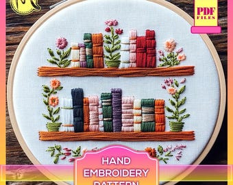 Bookshelf Embroidery Pattern – Flowers and Bows, Book Lover Gift (PDF Pattern)