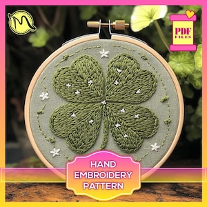 St. Patrick’s Day. Lucky Four-Leaf Clover Embroidery. Embroidery template. Digital Pattern PDF.