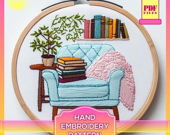 Cozy Reading Nook Embroidery Pattern – Satin Stitch Design (PDF Pattern)