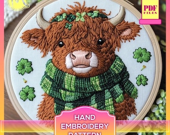 Highland Cow in Irish Scarf Embroidery Pattern – St. Patrick’s Day Design. Embroidery template. Digital Pattern PDF.