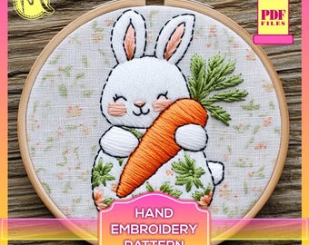 Bunny & Carrot Hand Embroidery Pattern – Floral Details (Digital Pattern PDF)