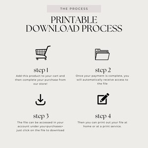 May include: A four-step printable download process is illustrated with icons. Step 1: Add to cart. Step 2: Complete payment. Step 3: Access file. Step 4: Print.