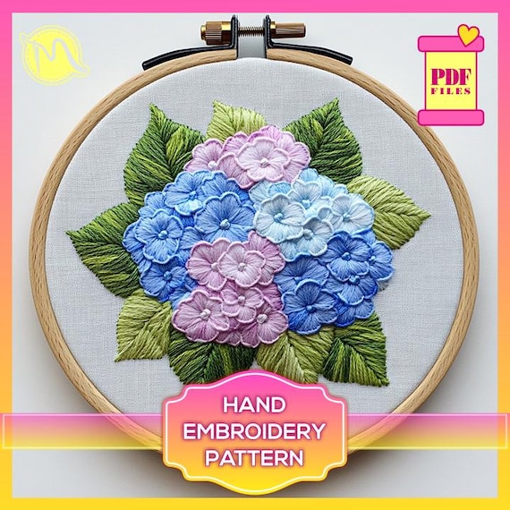 Hydrangea Embroidery Pattern: Satin Stitch Template (PDF Pattern)