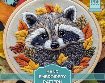 Cute Baby Raccoon in Fall Leaves Embroidery Pattern - Satin Stitch Hoop Art. Digital Pattern PDF. DIY.