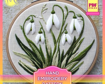 Patrón de bordado a mano de campanilla de invierno - Diseño floral con puntada de satén (Patrón digital en PDF)