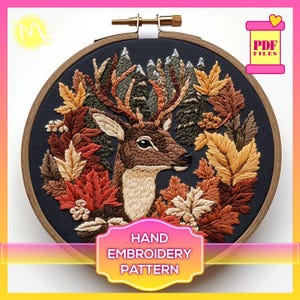 Majestic Deer Embroidery Pattern – Autumn Forest Hoop Art with Leaves & Mountains – Nature Stitch PDF  - Hand Embroidery template