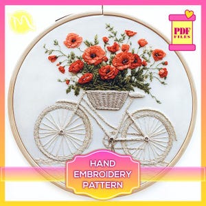 Fahrrad mit Blumen Handstickmuster - Digitales PDF Design. Stickvorlage für Plattstiche. Digitales Schnittmuster PDF.