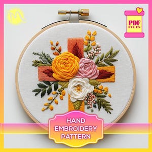 Floral Cross Hand Embroidery Pattern - Christian Satin Stitch Design. Hand Embroidery template. Digital Pattern PDF.
