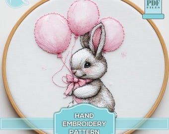 Bunny with Balloons Embroidery Pattern – Light Pastel Colors (Digital Pattern PDF)