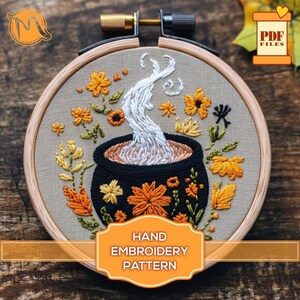 Motif floral de broderie à la main pour chaudron d'Halloween – Point bourdon (Modèle numérique PDF)