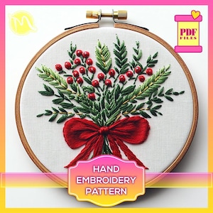 Holiday Berry Bouquet Embroidery Pattern - Festive Red Bow Stitch Design. Satin Stitch Design. Digital Pattern PDF.