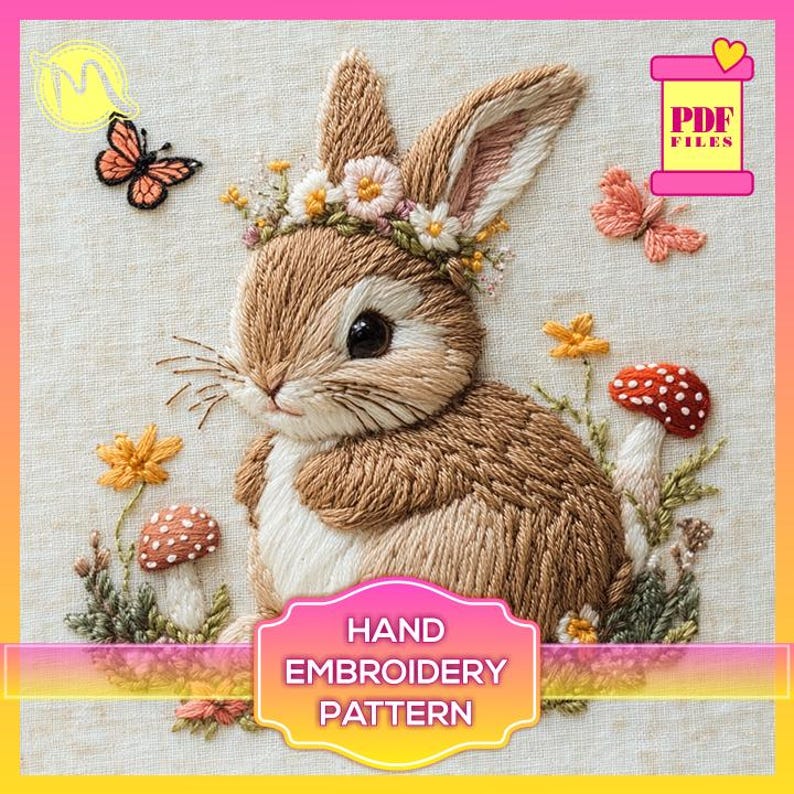 May include: Hand embroidery pattern featuring a cute brown bunny wearing a flower crown, surrounded by green foliage and red mushrooms. The pattern is available as a PDF download.