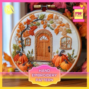Autumn Door Embroidery Pattern – Fall Leaves & Pumpkins (PDF Pattern)