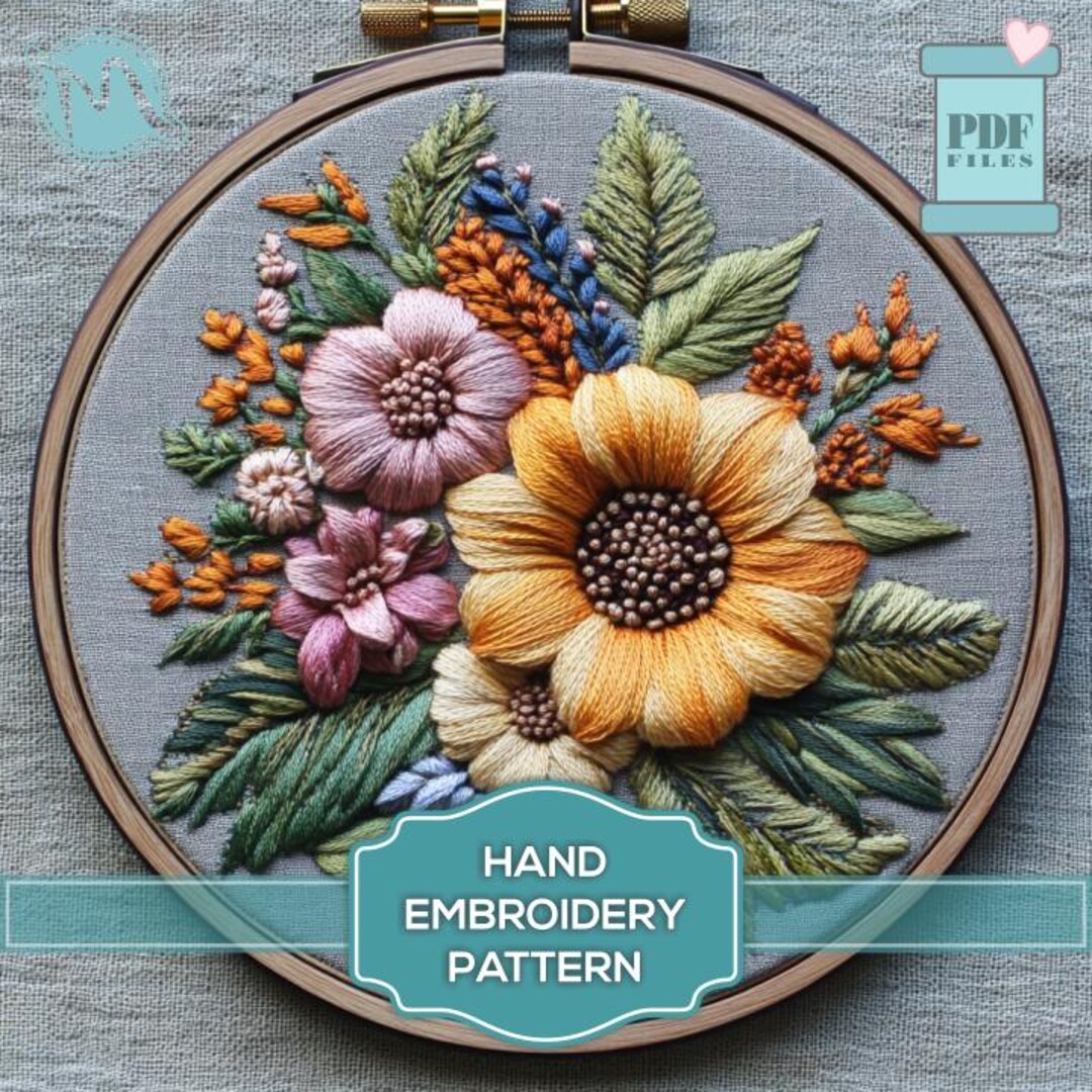 Autumn Flower Bouquet Embroidery Pattern – Floral Hoop Art Template ...