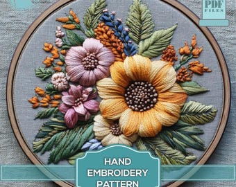 May include: A hand embroidery pattern featuring a floral bouquet with a large yellow sunflower, pink flowers, and green leaves. The pattern is in a hoop and is ready to be stitched.