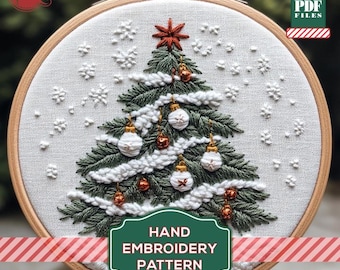 Christmas Tree with Garland Satin Stitch Embroidery Pattern: Festive Holiday Cheer. Satin stitch embroidery template. Digital Pattern PDF.