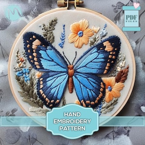 Modello di ricamo a punto raso - Farfalla blu con fiori. Arte a telaio. Modello di ricamo a punto raso. Modello digitale PDF. Fai da te.