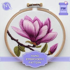 Modello di ricamo a mano con fiore di magnolia - Design elegante e senza tempo. Modello di ricamo a punto raso. Modello digitale PDF. Fai da te.
