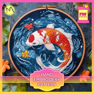 May include: Hand embroidery pattern featuring a red and white koi fish swimming in a blue and white water design. The pattern is in a hoop and includes flowers and bubbles.