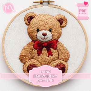 Modello di ricamo a punto raso per orsetto con fiocco: adorabile amico di peluche. Modello di ricamo a punto raso. Modello digitale in PDF. Fai da te.