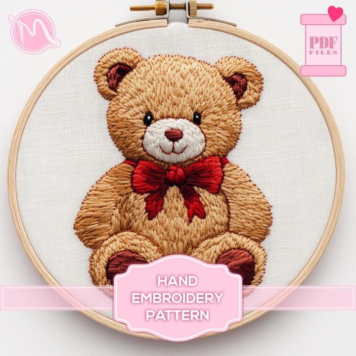 Teddy Bear with Bow Satin Stitch Embroidery Pattern: Adorable Plush Friend. Satin stitch embroidery template. Digital Pattern PDF. DIY.