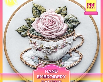Rose in Teacup Embroidery Pattern – Floral Satin Stitch (PDF Pattern)