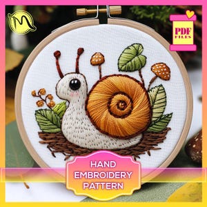 Snail Embroidery Pattern. Adorable Snail with Mushrooms Design. Satin Stitch Design. Digital Pattern PDF.