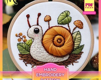 Snail & Mushrooms Embroidery Pattern, Satin Stitch (PDF Pattern)