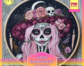 Day of the Dead Skeleton Woman Embroidery Pattern – Satin Stitch (PDF)