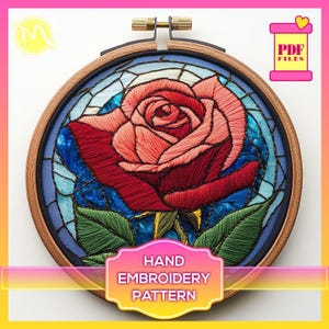 Stained Glass Rose Hand Embroidery Pattern - Digital Satin Stitch Design. Satin stitch hand embroidery template. Digital Pattern PDF. DIY