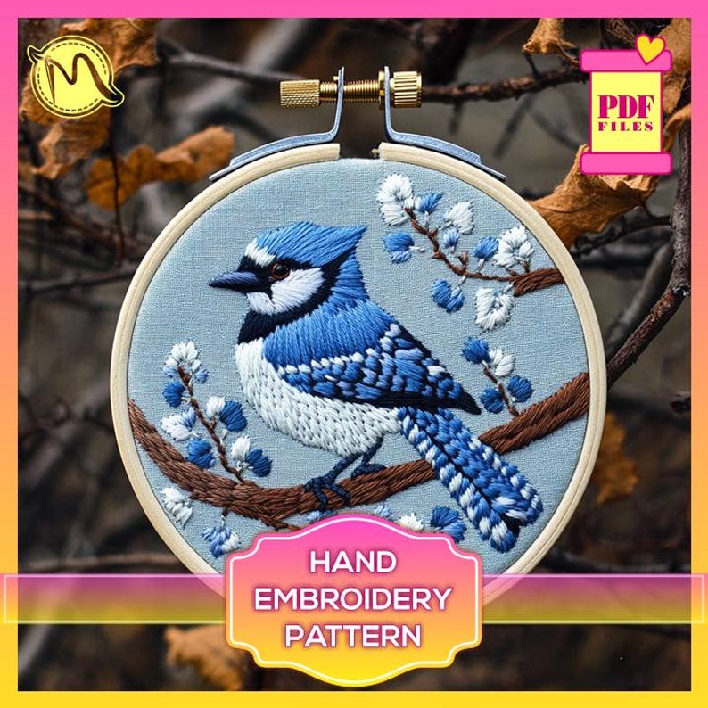 Blue Jay Satin Stitch Embroidery Pattern - Bird DIY Design (PDF Pattern ...